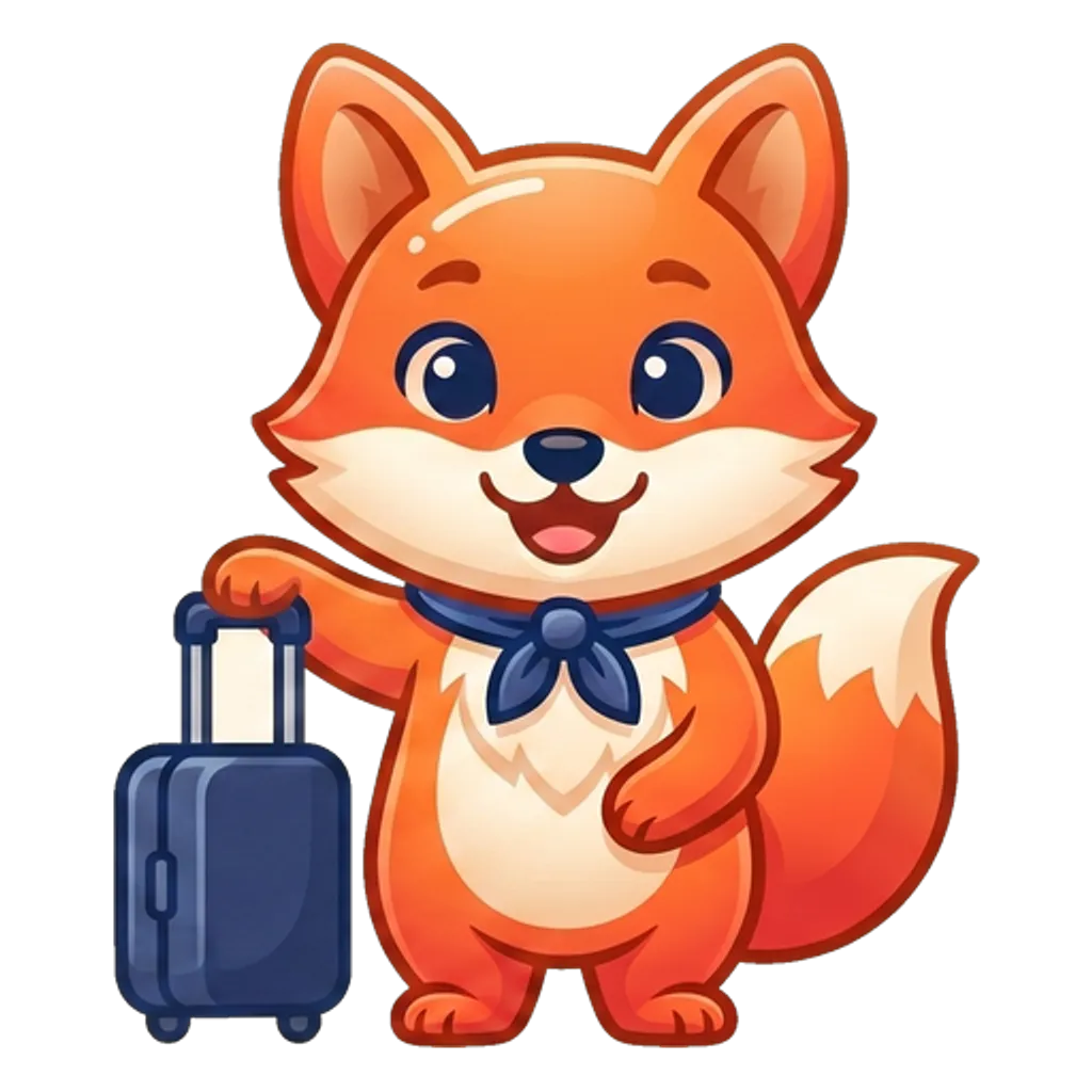 Ody with a rolling suitcase, ready to go.